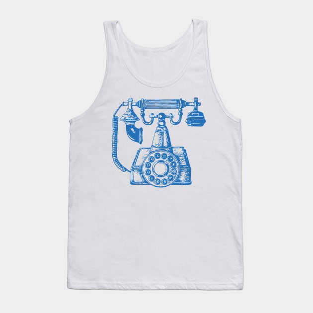 Vintage Phone Block Print in Blue and White Tank Top by OpalEllery